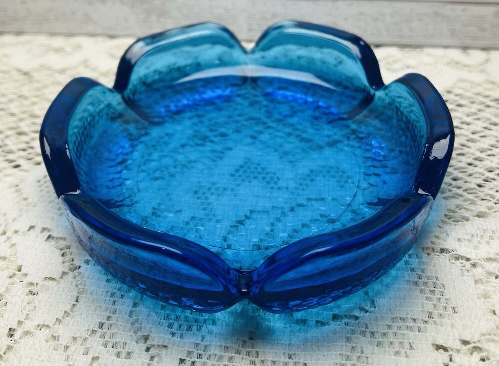 Vintage MCM Anchor Hocking Blue Art Glass Ashtray, Pebbled Texture, Retro